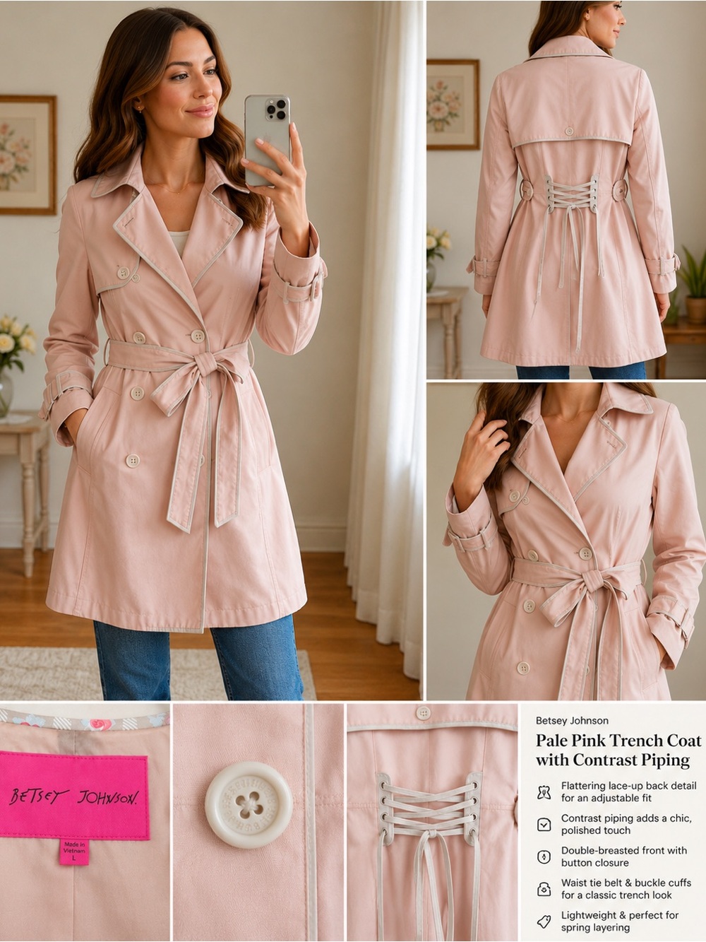 Betsey Johnson Pale Pink Trench Coat with Contrast Piping